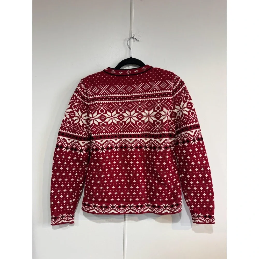 L.L. Bean Sweater Cardigan Womens S Red 100%‎ Cotton Fair Isle Holiday Ski Knit